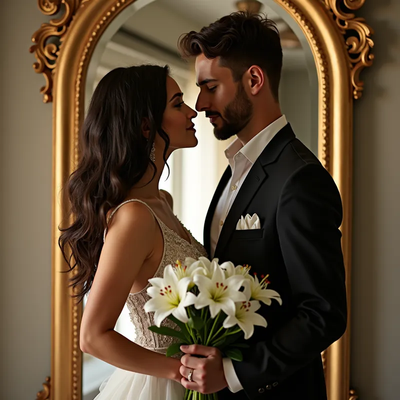 Elegant Love Reflection - A realistic and romantic photo of a young engaged mixed couple, with a dark-skinned man, in a suit and a light-skinned woman with a very elegant dress. They are in front of a beautiful antique and carved gilded mirror. There is a beautiful bouquet of white lilies in front of the mirror, They are face to face and in love, surrounded by a soft light. photorealistic - AI image generated with Photorealistic 2