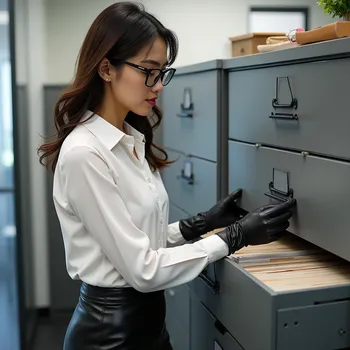 Elegant Office Assistant in Leather Attire
