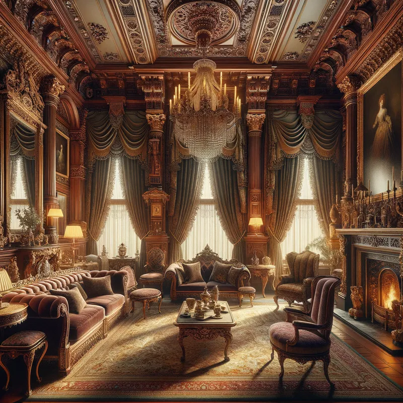 Elegant Victorian Drawing Room - A meticulously decorated Victorian-era drawing room with rich fabrics, intricate woodwork, and a sense of timeless sophistication. - AI image generated with Art