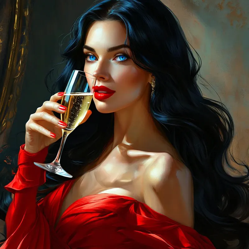 Elegant Woman in Red with Champagne - A stunning woman with long black hair, red pouty lips, and captivating blue eyes. In a long red dress drinking a glass of champagne
- AI image generated with Nova Canvas