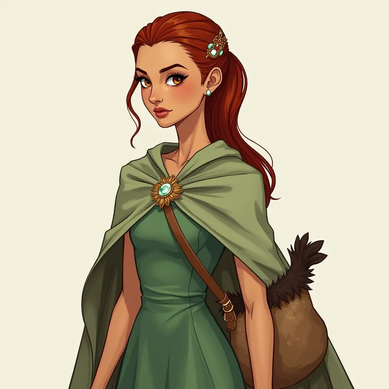 Elegant Xaltheran Herbalist - Illustrate a slender woman from Xalthera, characterized by sleek red hair tied back with a glimmering jeweled clip. Her face is thin with a distinct sharp nose, full lips, and large amber eyes, set against smooth sienna-colored skin. She is adorned in a soft green dress and a coordinated cape, fastened with a matching jeweled brooch. Short, unpainted nails rest against an animal skin medicine bag slung over her shoulder, her feet clad in fur-trimmed boots. - AI image generated with Flux