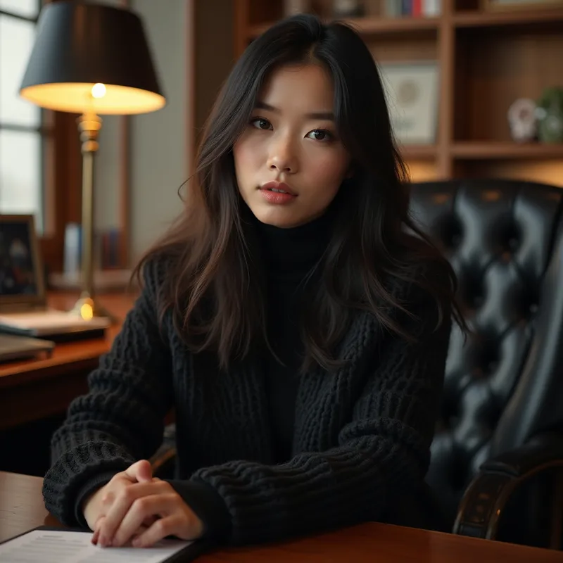 Elegante fille chinoise au bureau - Une jolie jeune fille chinoise aux longs cheveux lisses et brillants, vêtue d'un pull en laine, de gants en cuir noir raide et brillant, d'un jean slim, et de véritables bottes d'équitation en cuir noir hautes, droites et lisses, se trouve dans un bureau. Elle donne un coup de pied vers le spectateur, sa botte noire dominant le premier plan, tandis qu'elle regarde avec mépris, créant une ambiance intense et intimidante. - AI image generated with Photorealistic 2