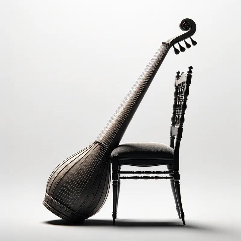 Elegy in Strings - Depict a classic long baglama with a weathered wood finish, positioned upright on a black chair. The scene is composed with a minimalist white background, emphasizing the instrument's silhouette. - AI image generated with Art
