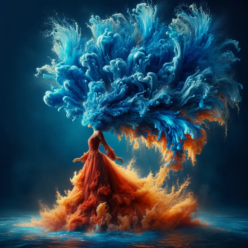 Elemental Fusion - A surreal portrayal of a girl clad in fiery attire, with her hair transformed into a waterfall of blue water. - AI image generated with Art