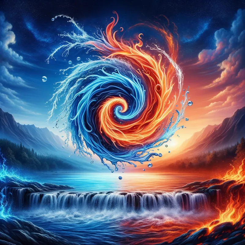 Elemental Fusion - A mesmerizing scene where water and fire coexist harmoniously. In the center, a swirling vortex of flames intertwines with cascading streams of water, creating a stunning contrast of blue and red hues. The background features a serene natural landscape with a tranquil river and fiery mountains in the distance, symbolizing the balance of opposing elements. - AI image generated with Art