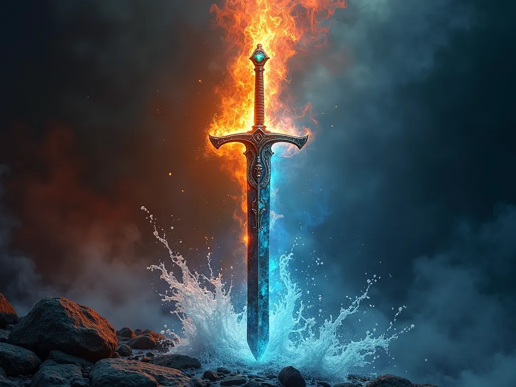 Elemental Sword - A dramatic sword depicting the duality of fire and water, forged in the hellish forge and quenched in holy water. The guard's labradorite stone captures light beautifully, emphasizing its mystical origins. - AI image generated with Photorealistic 2 - panoramic view, vivid colors, fantasy art