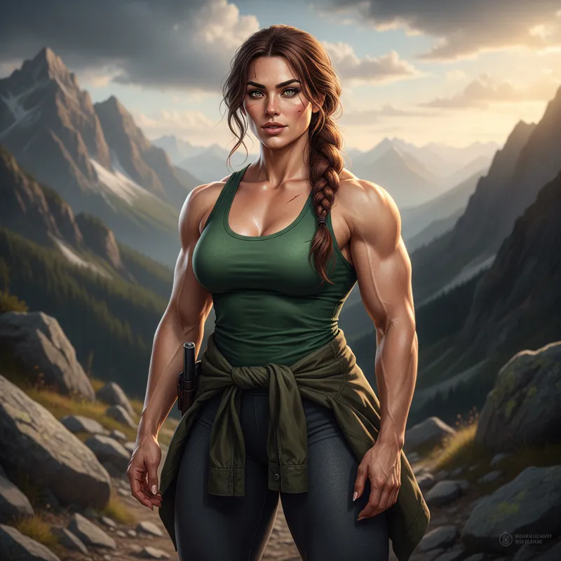 Elena Moravec: Cinematic Strength - Elena Moravec, a woman in her early 30s with a voluptuous yet powerful hourglass physique. She stands 5’8”, broad-shouldered with a defined waist, full bust in a natural low-set teardrop shape, wide hips, and thick, muscular thighs. Her skin is pale with a subtle olive undertone, luminous but textured with faint freckles across her shoulders and a few small scars — one on her temple, another along her collarbone. Her face is strikingly attractive yet grounded: high cheekbones, a softened strong jawline, full expressive lips with a natural cupid’s bow, and almond-shaped storm-grey eyes flecked with green, framed by thick arched brows. Her chestnut brown hair, with natural auburn glints, is thick and heavy, worn in a loose braid or flowing waves with strands that frame her face. Her arms and forearms are muscular, her hands broad and calloused with short, chipped nails. Every detail rendered in cinematic, photo-realistic texture — skin pores, subtle sweat sheen, fine strands of hair, natural asymmetry, and fabric stretching across her form. - AI image generated with Nano Banana