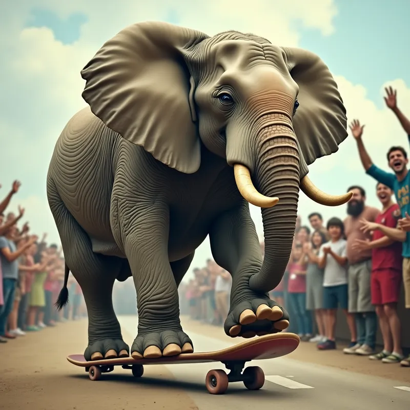 Elephant on a Skateboard - A whimsical image of a large elephant clumsily riding a tiny skateboard, with a crowd of other animals cheering on. - AI image generated with Photorealistic 2