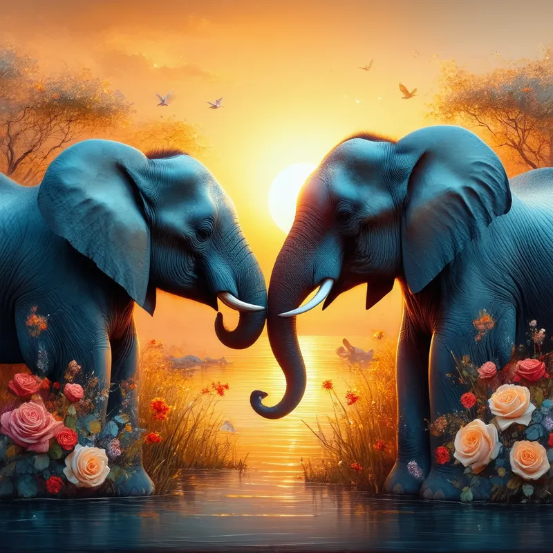 Elephants' Sunset Love Amid Roses - elephants in love , sunset, roses and lilies