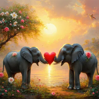 Elephants' Sunset Love Amid Roses