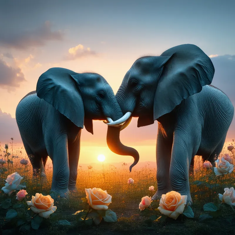 Elephants' Sunset Love Amid Roses - elephants in love , sunset, roses and lilies