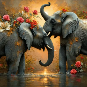 Elephants' Sunset Love Amid Roses