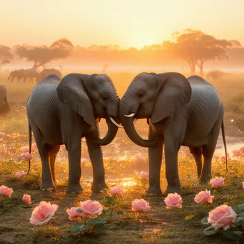 Elephants' Sunset Love Amid Roses
