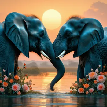 Elephants' Sunset Love Amid Roses