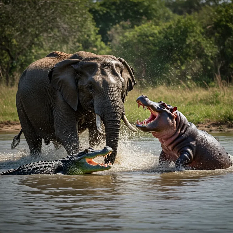 Elephant vs Croc and Hippo Showdown - An ultra-realistic cinematic video in 4K, shot with Sony Alpha a9 II and Sony FE 200-600mm f/5.6-6.3 G OSS lens under natural lighting. Hyper-realistic and ultra-detailed photograph of a brutal scene where an elephant enters the water and suddenly a crocodile emerges to attack, along with a hippo resulting in a fierce and lifelike 2 on 1 fight. - AI image generated with HiDream Full