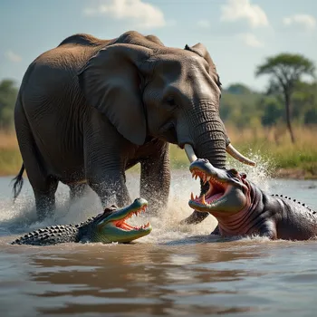 Elephant vs Croc and Hippo Showdown