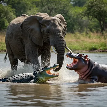 Elephant vs Croc and Hippo Showdown
