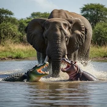 Elephant vs Croc and Hippo Showdown