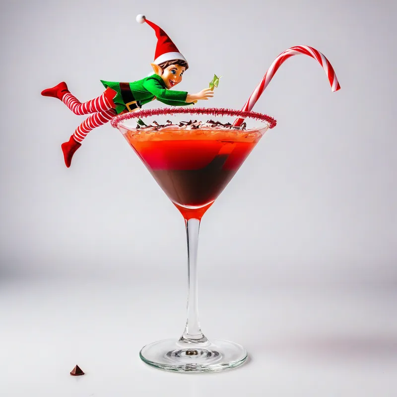 Elf Cartwheel Delight - A cheerful elf energetically doing cartwheels around a cherry cordial martini glass. The glass is filled with a vibrant red drink, topped with chocolate shavings and drizzled with chocolate syrup along the rim. Candy canes stick out at playful angles. All set against a solid white background. - AI image generated with Fictional