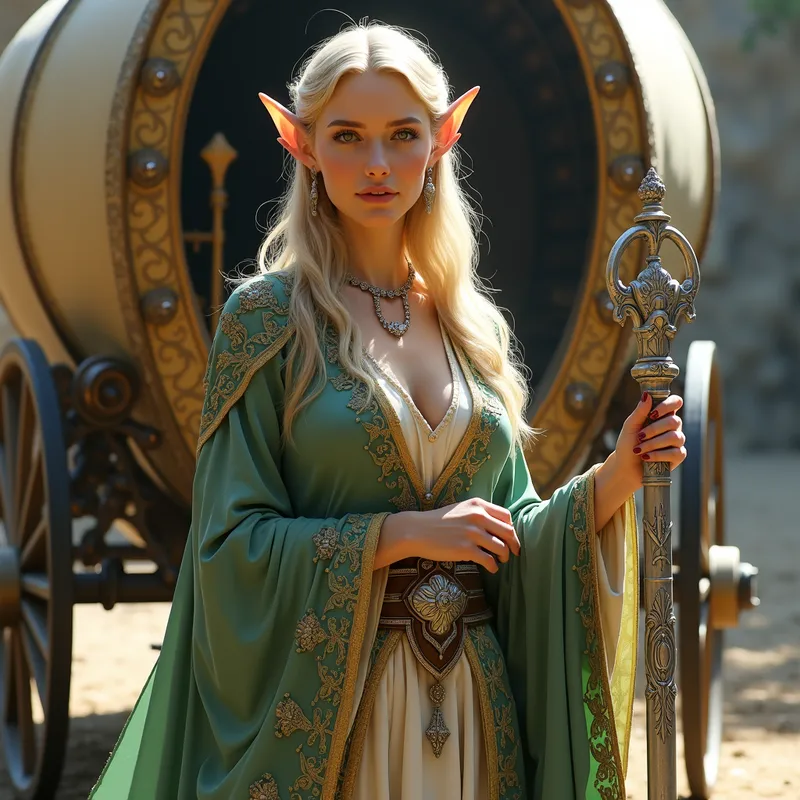 Elf Woman in Embroidered Fantasy Robes - A graceful Elf Woman wearing beautifully embroidered fantasy robes. She stands confidently in front of an elaborate wagon, holding a silver scepter that gleams in the sunlight. - AI image generated with Photorealistic 2 - fantasy art
