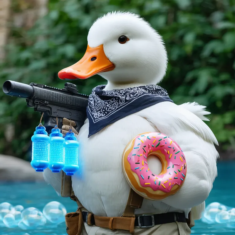 Elite Bubble Shooter - A tall, well-built white duck with an orange bill, showcasing a Rambo bandana, holding a bubble-shooting machine gun, with a donut floatie around its waist that features blue glowing grenades.