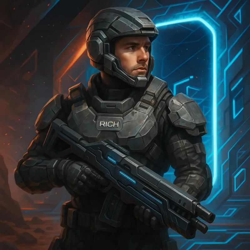 Elite Trooper Rich - A soldier, aged approximately 28, in elite armour holding a high-tech firearm. The name tag 'Rich' is affixed on the front of the armour. Background: a split-dimensional sci-fi environment typical of Splitgate. - AI image generated with GPT Image