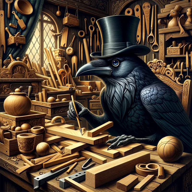 Eloquent Raven Craftsman - An elegant raven adorned with a top hat, engrossed in intricate woodworking in a richly detailed carpenter's workshop filled with various wood pieces and tools. - AI image generated with Art