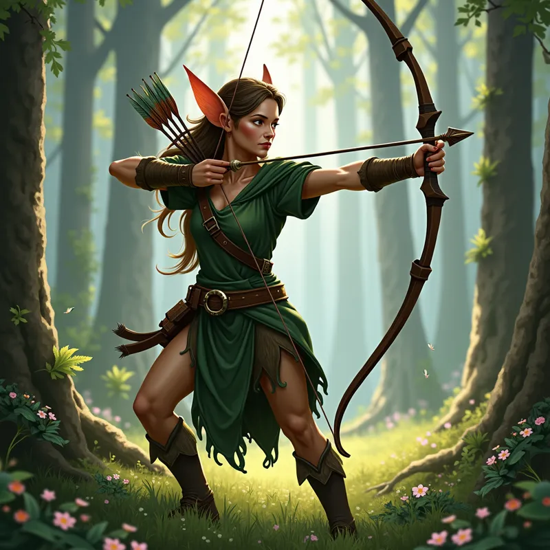 Elven Archer in Action - A female wood elf ranger mid-shot, her bowstring taut and her arrow poised to fly. She stands in a clearing surrounded by towering trees and scattered wildflowers. Her focused expression reveals her determination and skill, embodying the spirit of the forest. - AI image generated with Photorealistic 2