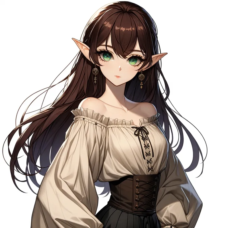 Elven Gaze - A young anime-style woman with pronounced elf ears and long dark brown hair cascading down her shoulders. Her green eyes are expressive and captivating. She's dressed in a loose-fitting Renaissance-style cloth shirt and sleek black pants. Her pose highlights a well-endowed figure as she gazes into the distance. - AI image generated with Art