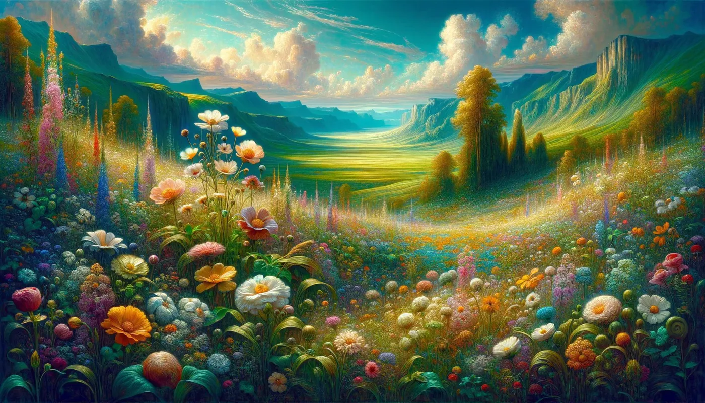 Elysian Fields Chronicle - An image that tells the tale of Elysian Fields, where the air is filled with the sweet scent of the blossoms, and every petal and blade of grass has witnessed epochs of poetic history. - AI image generated with Art