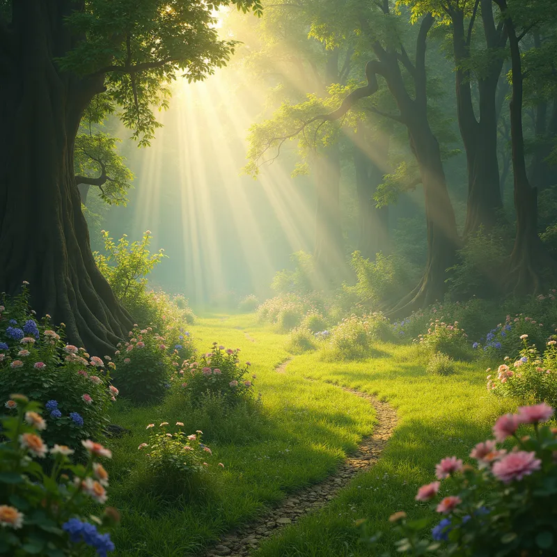 Elysian Fields of the Dead - A serene, otherworldly paradise within the realms of Hades, where the worthy souls wander among lush green fields, beautiful flowers, and golden light, with a sense of eternal peace and happiness. - AI image generated with Photorealistic 2