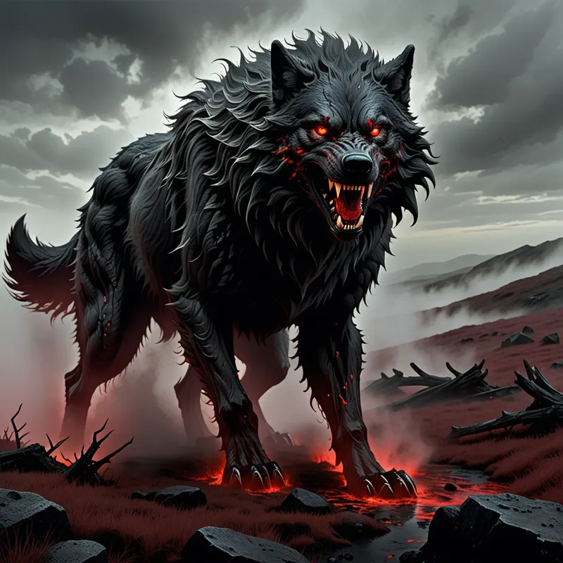 Emberfur Warg - Set on a windswept moor, a gigantic wolf-like beast emerges from the mist. Its fur is deep black, appearing scorched and smoldering in places, and thickly textured. The creature’s massive fangs are bared threateningly, and its eyes burn with an intense, glowing violent red, hinting at supernatural anger and strength. - AI image generated with Fictional