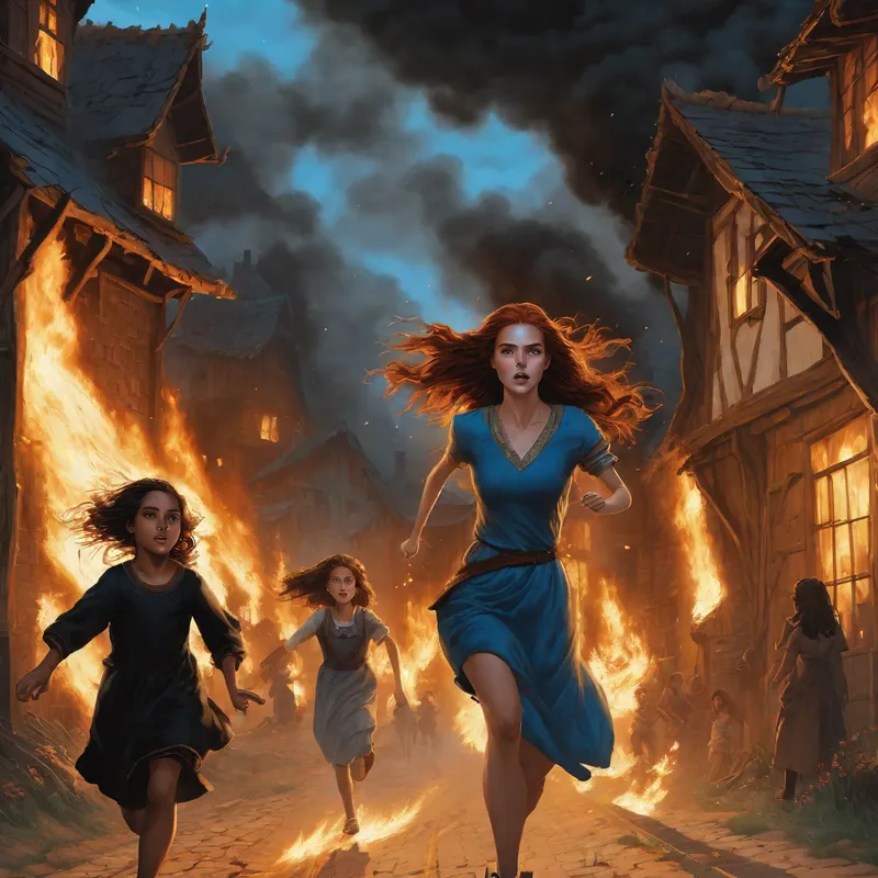 Emberlit Flight: Mother and Child - a village burning in the night, under attack. A young woman with long, wavy auburn hair and bright blue eyes runs down the streets as fast as she can in a panic, carrying a little girl with black hair in her arms.   - AI image generated with Fictional - fantasy art