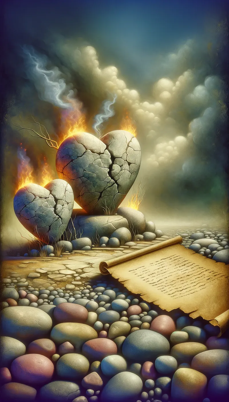Embers of War - Set on a pile of stones and pebbles, two cracked stone hearts emit a faint smolder at their bases. In the foreground, a parchment aged and yellow shows 'BARABÁS ZOLTÁN' and 'A LELKEK HÁBORÚJA'. Created in fantasy art. - AI image generated with Art - surrealismus