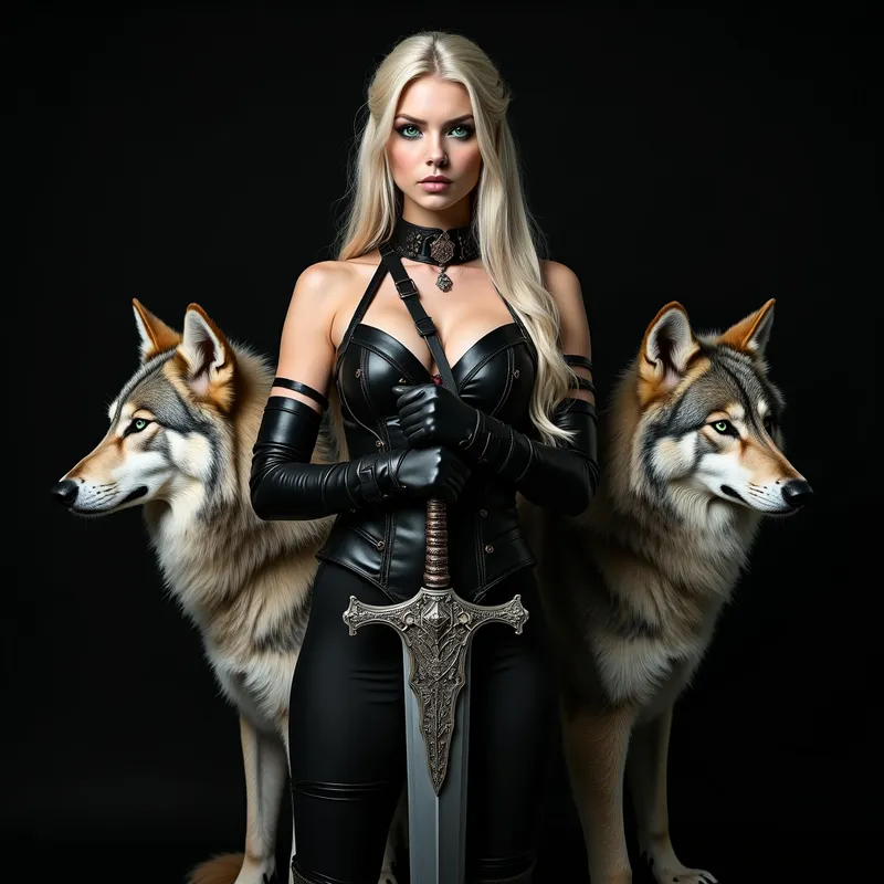 Emerald-Eyed Night Warrior - Create a dramatic fantasy portrait of a plus-size blonde warrior with intense icy green eyes and vivid green eye makeup, posed in front of a pure black background. She is dressed in a sleek dark gothic outfit combining leather straps, metallic accents, and elegant armor-inspired detailing. She wears long black leather gloves above the elbows and grips a large decorative sword with a finely crafted hilt. Two giant grey wolves flank her symmetrically, giving the composition a regal and intimidating energy. - AI image generated with Photorealistic 2