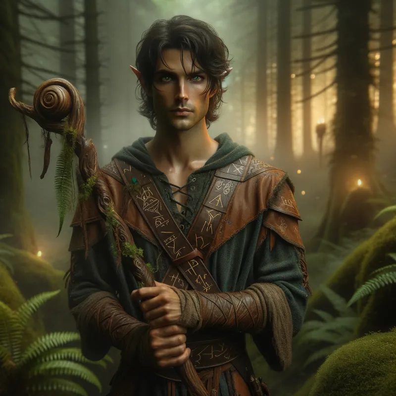Emerald Eyes - A young male elf druid with piercing emerald green eyes and shoulder-length dark hair. He walks through a misty, moss-covered forest in Middle-earth, wearing worn, earth-toned leather robes with intricate patterns. In his right hand, he holds a polished, gnarled wooden staff covered in ancient runes that glow softly. Dawn's warm, golden light filters through the forest canopy, creating dappled shadows on the ground, while ferns and wildflowers move gently in the morning breeze. - AI image generated with Art - fantasy art, dynamic pose, deserted street at night