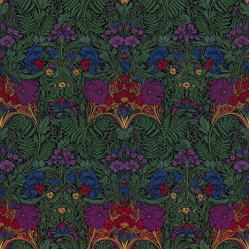 Emerald Folk Garden Repeat - Seamless repeat pattern, dense botanical folk art illustration with a lush, overlapping composition of hand-drawn ferns, trailing vines, and wild blossoms. Use deep emerald green, sapphire blue, ruby red, and amethyst purple with burnished gold accents and rich ink outlines. Flat decorative style with evenly distributed botanical elements across the entire canvas, no empty spaces. Perfectly balanced repeating tile for fabric and wallpaper design. High detail, 6500x6500 pixels, 300 DPI. Render in a style reminiscent of William Morris and Alphonse Mucha, emphasizing intricate linework and vibrant jewel-toned colors. - AI image generated with Flux 2