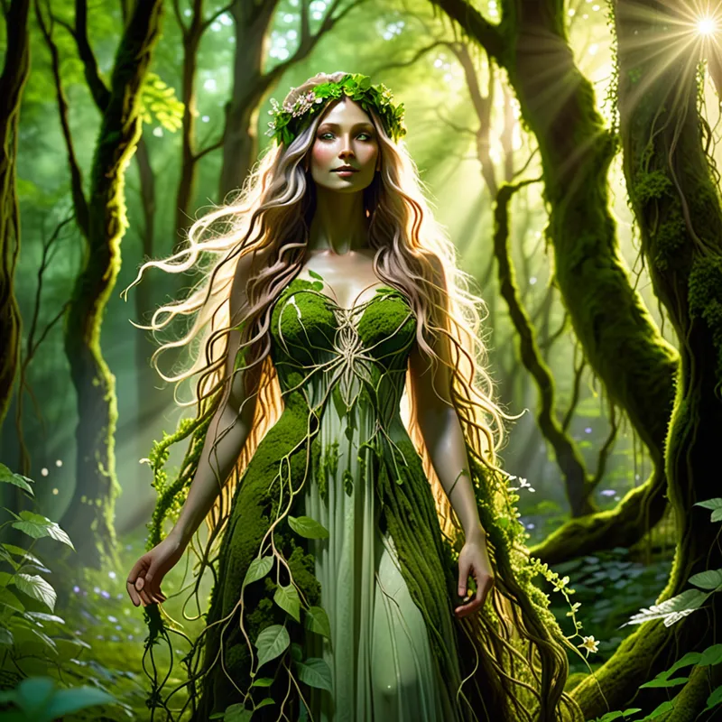 Emerald Forest Muse - A beautiful forest goddess spirit standing in a lush green woodland, glowing with ethereal light. She appears as an artist’s muse and gentle guide, with flowing hair woven with leaves and flowers, wearing an elegant gown made of vines and moss. Sunbeams filter through ancient trees, creating a magical, inspiring atmosphere. - AI image generated with Fictional