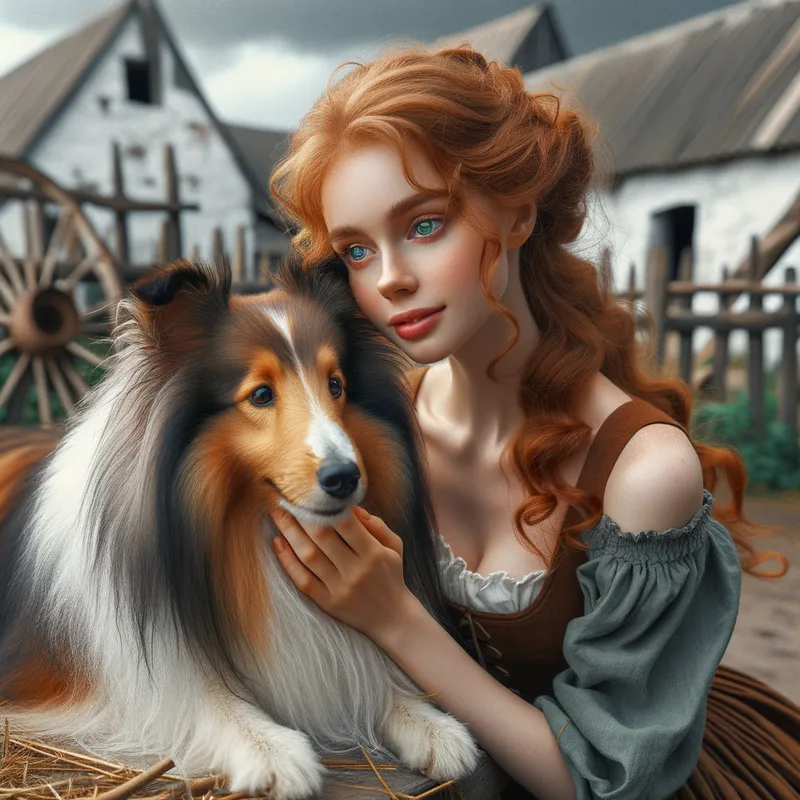 Emerald Gaze in Pictish Fields - A serene scene featuring a young woman with flowing red hair and striking emerald green eyes, lovingly petting a sheltie dog amidst a farmyard setting, evocative of Pictish Scotland. - AI image generated with Art