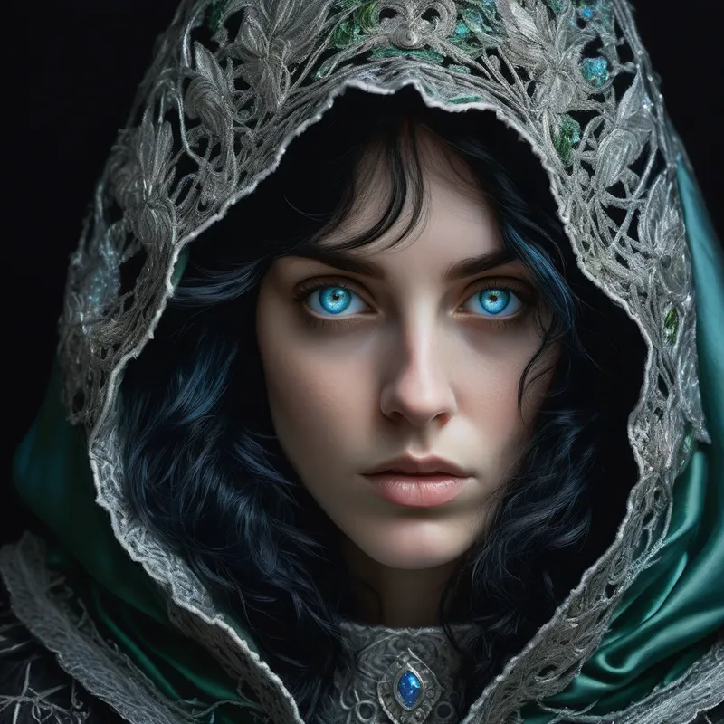 Emerald Hood of the Frost-Eyed Guardian - A dramatic chiaroscuro-inspired oil portrait of a beautiful black-blue-haired woman with tousled hair and luminous icy blue eyes. She wears elaborate green and silver armor beneath an embroidered hood, adorned with intricate filigree, scale motifs, and fine lace-like ornamentation. The composition feels mystical and ethereal, with ultra-detailed textures, high realism, and a haunting dreamlike fantasy mood. - AI image generated with Photorealistic