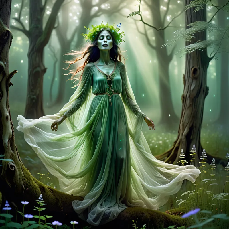 Emerald Spirit Muse - A ghostly green spirit girl floating through a beautiful enchanted forest, glowing softly with ethereal light, surrounded by mist, wildflowers, and ancient trees. She appears as an artsy muse and woodland goddess, elegant, mysterious, and radiant, with flowing translucent garments and a serene expression. - AI image generated with Fictional