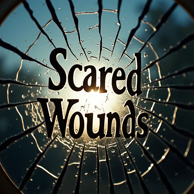Emerging Light - An evocative image of 'Scared Wounds' written on a shattered mirror with rays of light emerging from the cracks, representing the shattering of generational curses and the dawn of new beginnings. - AI image generated with Photorealistic 2