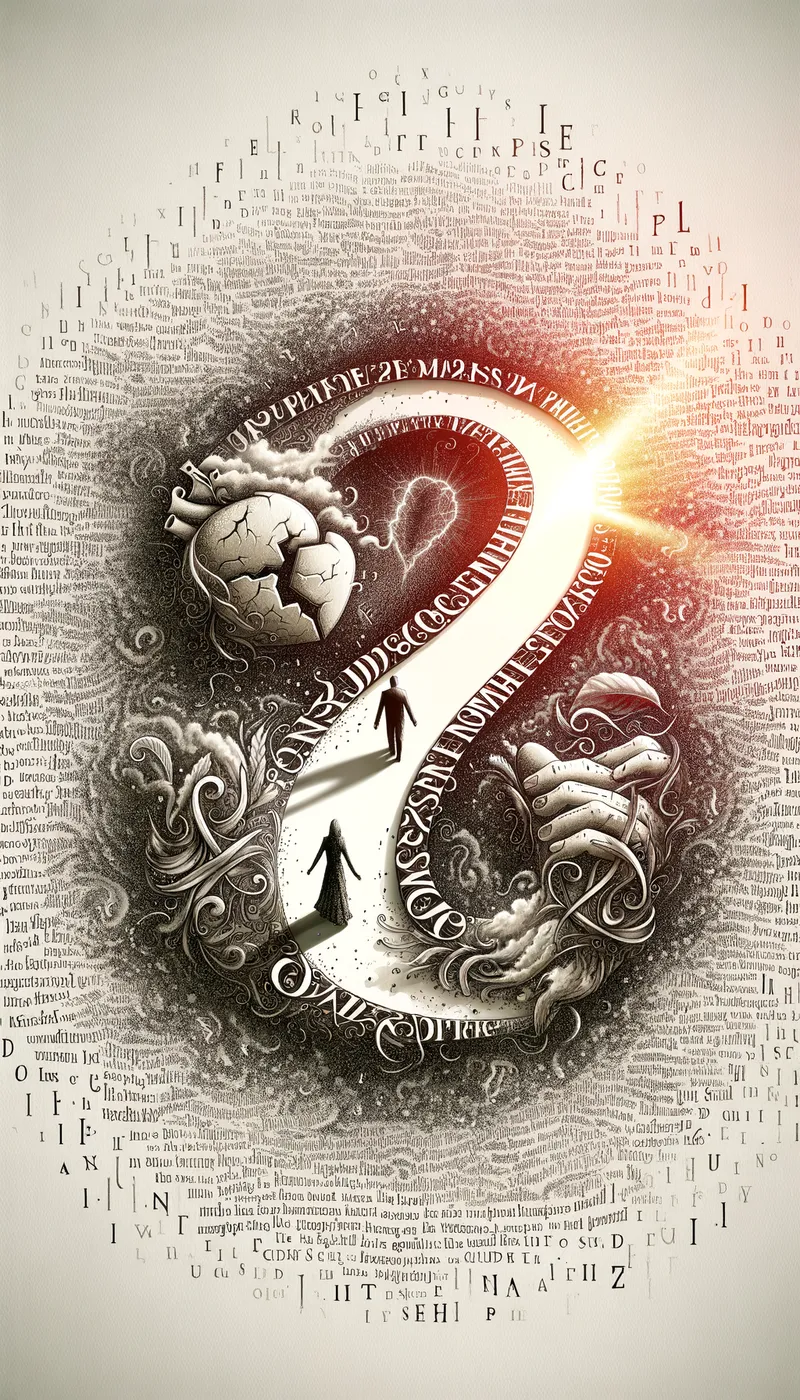 Emily's Word Bridge - The letter begins to transform, turning into a path or a bridge made of words. Along this path, scenes like a broken heart, and two hands holding each other appear, symbolizing the key moments in Emily's life. The mother's script elegantly appears around these images, guiding Emily through her journey. - AI image generated with Art - alcohol ink, master shot, Kaoru Yamada