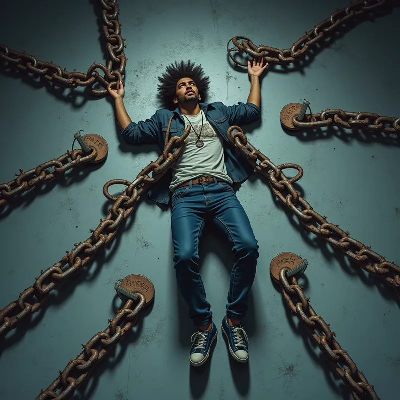 Emotion Chains Binding Down - An overhead illustration of a person laying on the floor, surrounded and pinned by oversized, rusted chains. Each chain is embossed with one of the words: 'Hate,' 'Pride,' 'Resentment,' 'Anger,' and 'Unforgiving.' The environment is cold and dim, emphasizing the sense of entrapment. - AI image generated with Photorealistic 2