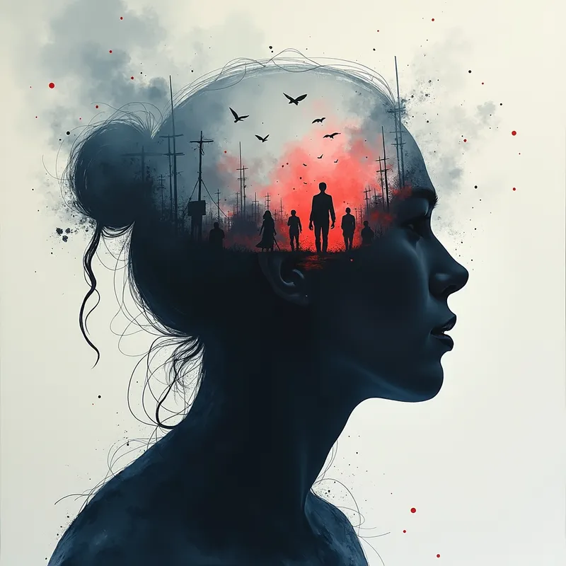 Emotional Battleground - A silhouette of a person with a chaotic battlefield inside, using muted blues and grays to evoke feelings of isolation and splashes of red highlighting the anger within. - AI image generated with Photorealistic 2 - sketching