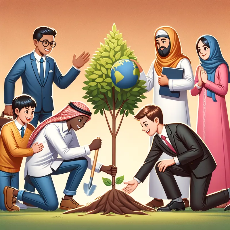 Empowered Together - A heartwarming image of a circle of diverse students collaboratively engaging in acts of citizenship. Some are kneeling to plant a tree, while others lift each other’s spirits through idea sharing and mutual support. - AI image generated with Art