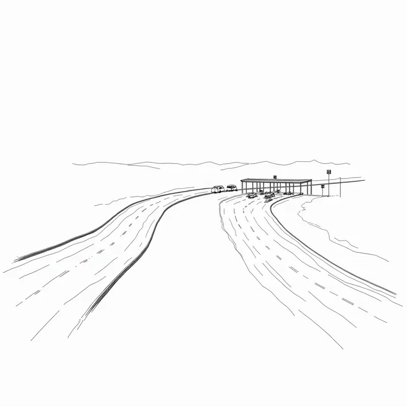 Empty Roads Diverge - An illustration of a forked single-lane road, one branch leading to an exit with no vehicles and the other heading straight into toll booths, all roads empty, with a stark white background. - AI image generated with Photorealistic 2 - minimalist line art