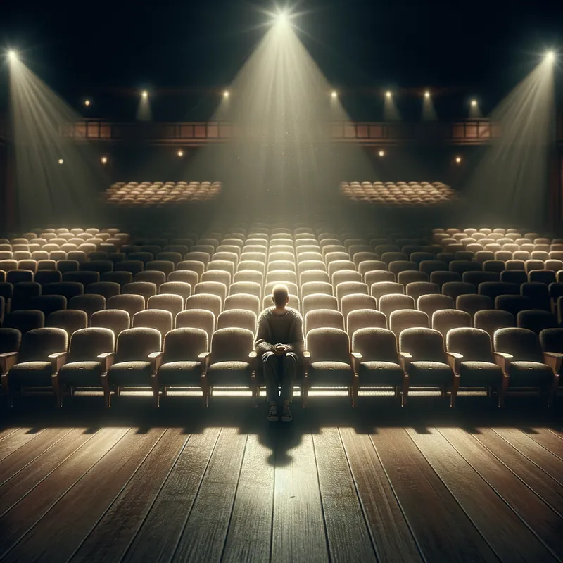 Empty Seats - A deserted theater with empty seats in a dim light, and a single adult sitting in the middle row, engulfed in sadness, resembling the feeling of missing out on life's events. - AI image generated with Art