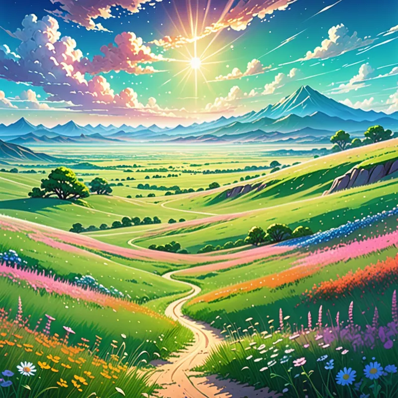 Enchanted Anime Plains - A beautiful anime-style landscape of vast open plains glowing with magical energy, rolling green fields under a radiant sky, sparkling wildflowers, soft breeze, distant mountains, dreamy lighting, vibrant colors, highly detailed, whimsical fantasy atmosphere - AI image generated with Fictional