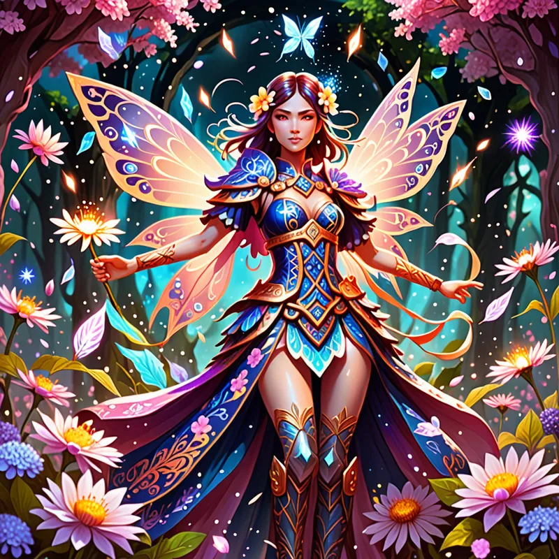 Enchanted Blossom Fighter - Anime-style magical warrior woman fairy in bright ornate clothing, surrounded by blooming flowers, glittering power effects, and floating runes, ready for battle in a whimsical fantasy realm. - AI image generated with Fictional